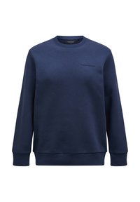 Sudadera azul marino, hecha de un tejido suave, con cuello redondo, mangas largas y puños acanalados, así como un pequeño logotipo en relieve en el pecho.