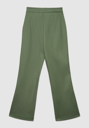 Pantalon vert à jambes larges en tissu lisse, avec une taille haute et des plis devant pour plus de détails.