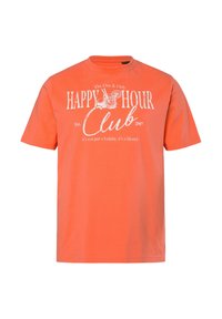 Oranžové tričko s krátkým rukávem a bílým textem "Happy Hour Club Est. 2007" s ilustrací koktejlové sklenice uprostřed.