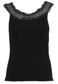 Camiseta sin mangas negra con detalle de encaje en el escote. Diseño estructurado, sin mangas, tela suave y adorno elástico con bordes ondulados en los hombros.