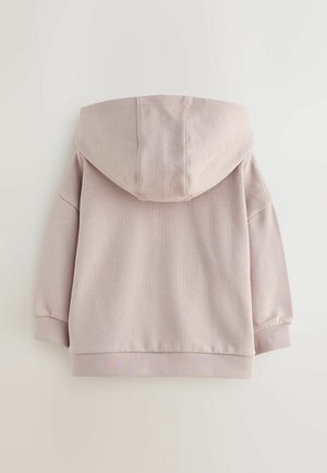 Svetloružová mikina s veľkou kapucňou, rebrovanými manžetami a lemom. Tkanina má jemnú textúru a ponúka voľný strih.