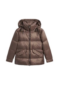 Giacca invernale imbottita marrone con cappuccio, zip frontale, coulisse e due tasche a patta.