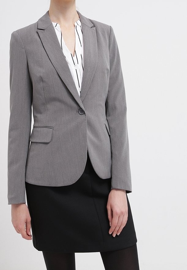 Gray blazer with a single button closure, notch lapels, and a tailored fit, paired with a white striped blouse and black skirt.