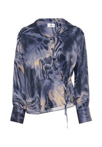 Langarmgewikkelde blouse in marineblauw en gouden abstracte print, gemaakt van een soepele, lichte stof met een klassieke kraag en strikjes in de taille.