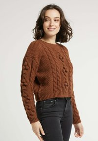 Pull en tricot marron avec un motif torsadé texturé et des accents de pompons. Il présente un col rond et une longueur cropped. Associé à un jean noir.