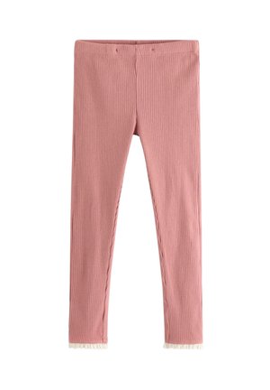 Pink ribstrikkede leggings med elastisk taljebånd og hvide frynser ved anklerne, vist fladt på hvid baggrund.