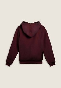 Felpa con cappuccio color bordeaux, dal tessuto morbido, design corto e polsini a costine. Cuciture visibili lungo il cappuccio e la schiena.