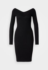 Abito nero a coste, off-shoulder, con maniche lunghe, vestibilità aderente, scollo a V e lunghezza al ginocchio. Realizzato in tessuto stretch testurizzato.