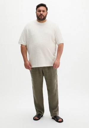 Mężczyzna stojący, ubrany w teksturowaną białą koszulę z krótkim rękawem, oliwkowozielone spodnie i czarne klapki na tle jednolitej białej ściany.