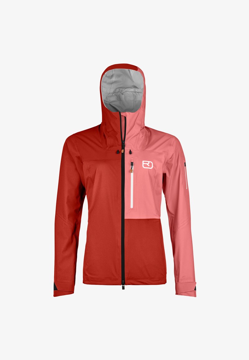 Red and pink waterproof jacket with a hood, featuring a front zipper, a zippered chest pocket, and a logo on the left side.