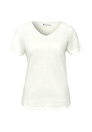 T-shirt blanc à manches courtes pour femme avec col en V, légère texture et coupe cintrée, étiqueté "Street One" au niveau du col.