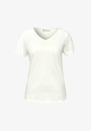 Weißes Damen-T-Shirt mit kurzen Ärmeln und V-Ausschnitt, leichter Struktur und figurnahem Schnitt, mit dem Label "Street One" am Ausschnitt.