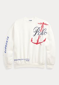 Vit sweatshirt i bomull, med en röd ankardesign, blå text på ärmar och nederdel, samt ribbade mudd och halsringning.