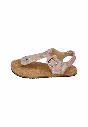 Child’s pink sandal with cork sole, adjustable buckle strap, and toe post, designed for comfort and casual wear.