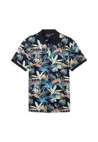 Navy polo-shirt med et tropisk bladmønster i pink, blå og creme. Korte ærmer og en ensfarvet krave. Viskoseblanding.