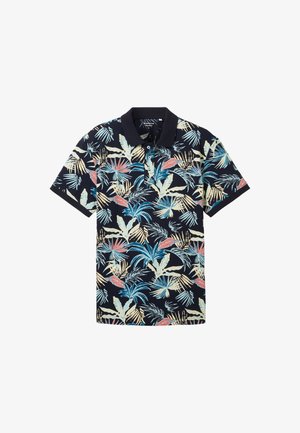 Tengerész kék póló, trópusi levélmintával pink, kék és krém színekben. Rövid ujjú és egyszínű gallérral rendelkezik. Pamutkeverék anyag.