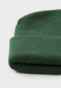 Cappello beanie verde a maglia con una texture a coste e un risvolto piegato. Il tessuto appare morbido e caldo, adatto per il freddo.