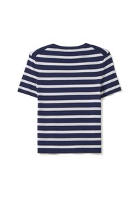 T-shirt a righe blu navy e bianche a maniche corte con collo rotondo e tessuto morbido, con schiena e spalle in blu navy uniforme.