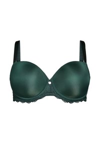 Green padded bra with lace trim, featuring smooth fabric cups and adjustable straps. Center accent with a small loop detail.