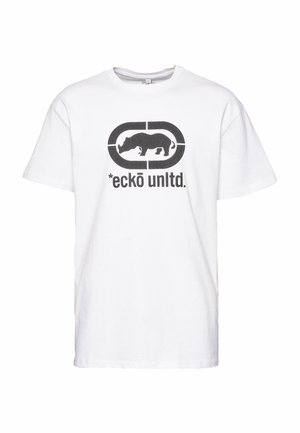 Valge puuvillane T-särk, millel on must nikerduslogo ovaali sees ja tekst "*eckō unltd." paksu kirja all. Lühikesed varrukad, ümmargune kaelus.