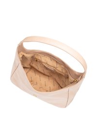 Borsa a mano in pelle rosa chiaro con una texture liscia, dotata di una sola tracolla e un ampio interno foderato in tessuto beige stampato con "WITTCHEN."