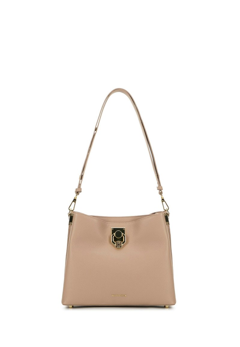 Borsa a mano in pelle beige con texture liscia, hardware dorato e chiusura magnetica. Presenta una singola tracolla e una base piatta.