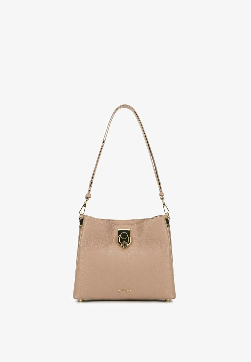 Borsa a mano in pelle beige con texture liscia, hardware dorato e chiusura magnetica. Presenta una singola tracolla e una base piatta.