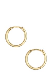 Zelta riņķa auskari ar gludu, apaļu dizainu un nedaudz sašaurinātu galu, kā arī drošu aizvēršanas mehānismu.