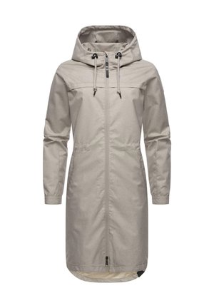 Beige waterdichte jas met een capuchon, vooraan met rits en een trekkoord. Lange mouwen met cuffs en een licht getailleerde pasvorm. Glad textuur.
