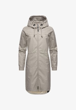 Beige vattentät jacka med huva, framdragkedja och dragsko. Långa ärmar med manschetter och en något figursydd passform. Slät textur.