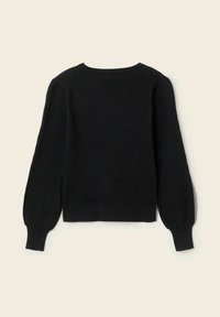 Svart stickad tröja med puffärmar, med ett strukturerat mönster. Ribbad mudd och nederkant ger form åt den avslappnade passformen.