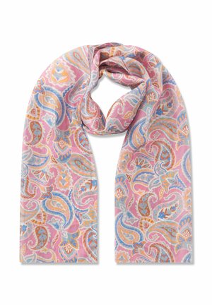 Écharpe légère rose avec des motifs cachemire multicolores en bleu, orange et blanc, bouclée lâchement en haut.