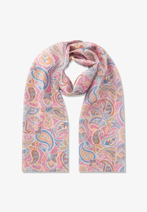 Sciarpa leggera rosa con motivi paisley multicolori in blu, arancione e bianco, annodata morbidamente nella parte superiore.