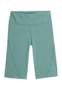 Højtaljede, tealfarvede, knælange athletic shorts med flade sømme designet til aktiv brug.