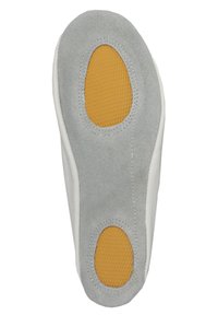 Schuhsohle mit einem grauen Wildleder-Außenmaterial, grauem Gummirand und zwei ovalen gelben Gummieinsätzen für Grip und Traktion.