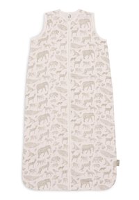 Sac de couchage en coton avec un fond rose clair et des illustrations d'animaux gris, sans manches et avec une fermeture éclair à l'avant.