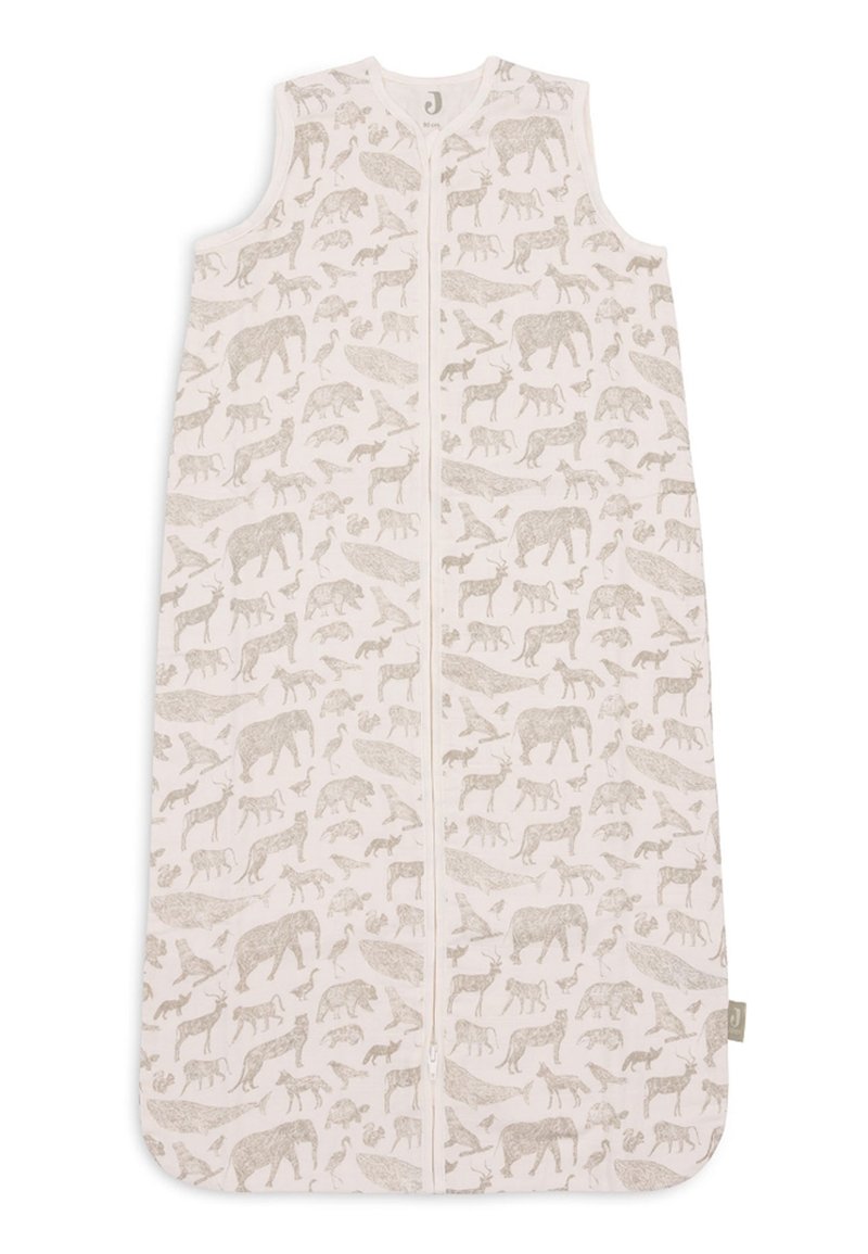 Sac de couchage en coton avec un fond rose clair et des illustrations d'animaux gris, sans manches et avec une fermeture éclair à l'avant.