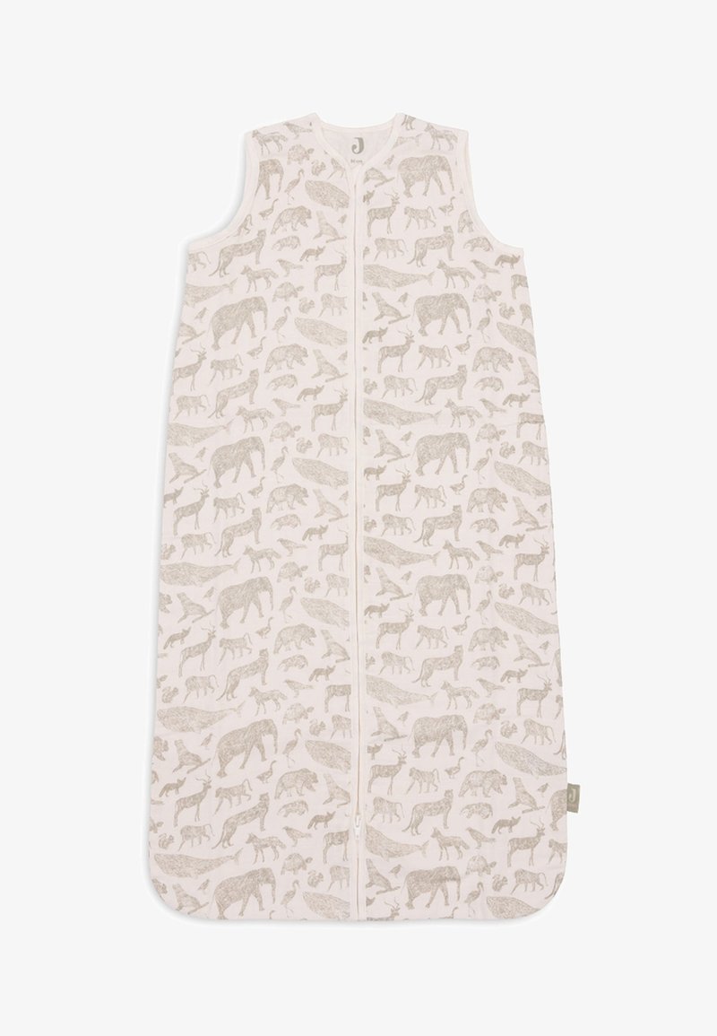 Sac de couchage en coton avec un fond rose clair et des illustrations d'animaux gris, sans manches et avec une fermeture éclair à l'avant.