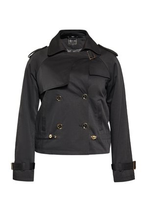 Czarna kurtka z podwójnym zapięciem, złotymi guzikami i kołnierzem. Posiada dopasowany krój oraz naramienniki, z regulowanymi mankietami.