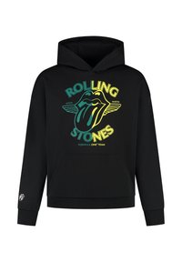 Czarna bluza z kapturem z kolorową grafiką "Rolling Stones" z językiem, skrzydłami i napisem "Zespół Formuły 1 Aston Martin". W zestawie kieszeń z przodu.