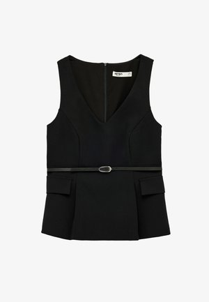 Ärmelloses schwarzes Oberteil mit V-Ausschnitt, schmalem schwarzen Gürtel in der Taille, zwei vorderen Klappentaschen und Reißverschluss am Rücken.