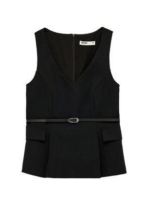 Mouwloze zwarte top met V-hals, smalle zwarte riem in de taille, twee klepzakken aan de voorkant en een ritssluiting aan de achterkant.