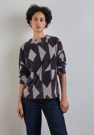 Loungewear trui in donkerpaars en lichtgrijs, met een textuurstof met geometrische patronen, ronde halslijn en lange mouwen.