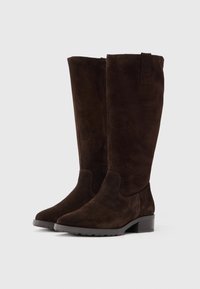 Botas altas hasta la rodilla de ante marrón con punta ligeramente afilada, tacón bajo y cuadrado, y costuras decorativas en el lateral. Incluyen una pequeña lengüeta en la parte superior.