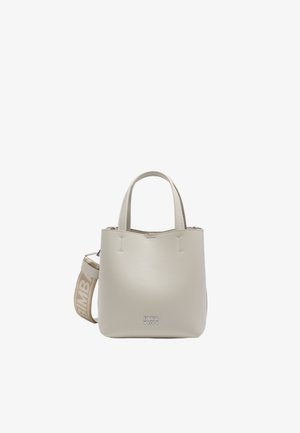 Beige leather handbag with dual top handles and a detachable strap. Smooth texture, minimalist design, logo embossed at the front.