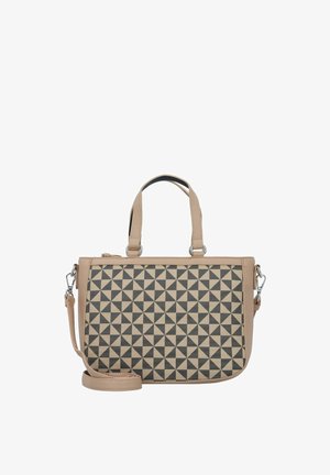 Sac à main beige avec un motif géométrique de triangles noirs et beiges, double poignées et une sangle amovible. Texture lisse, forme structurée.