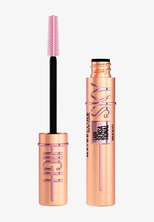 Mascara Maybelline dans un tube métallique rose doré avec des accents noirs. La brosse est équipée d'une brosse à poils roses pour l'application.