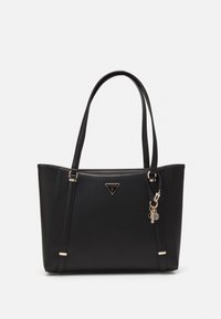 Black faux leather tote bag with dual shoulder straps, gold hardware, and a logo plaque. Features a zipper and keychain detail.