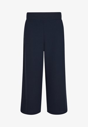 Granatowe kuluoty wykonane z elastycznej tkaniny, z szerokimi nogawkami, gładką fakturą oraz elastycznym pasem dla komfortu i łatwego zakupu.