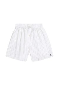 Pantalones cortos de algodón a rayas blancas con cintura elástica, cierre con botones y pequeño logo en la pierna izquierda. Diseño sencillo y transpirable.